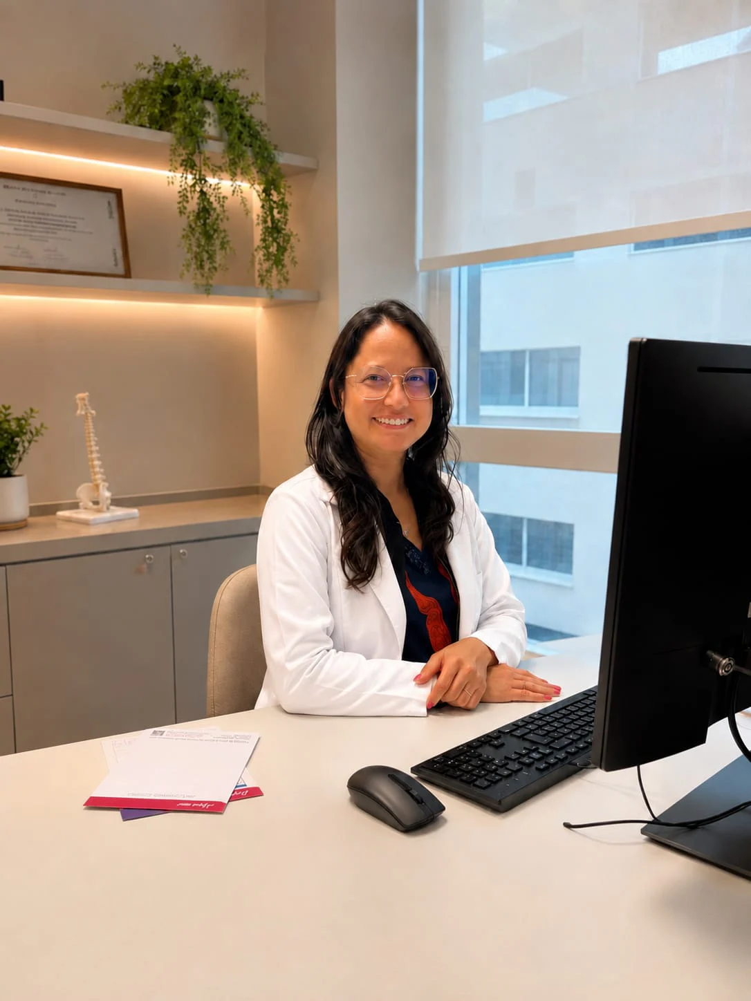 Dra. Trycia Estevam sorrindo em seu consultório em Jundiaí